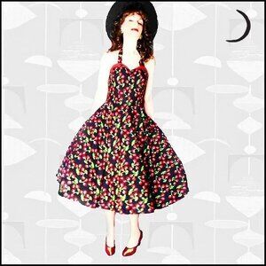 50s STYLE Sun Dress Black Cherry Print PinUp  Fit Flare Halter is 90s Vintage